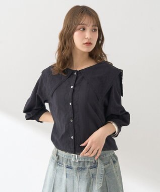 earth music&ecology ビッグカラー刺繍ブラウス Black