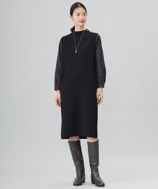 J.PRESS LADIES L 【洗える】CLOTH COMBI KNIT ワンピース ブラック×スレート系