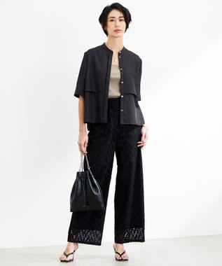 ICB 【洗える】 ヘリンボーンエンブロイダリー ワイドストレートパンツ ブラック系