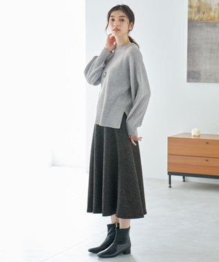 ANY 【ウエストゴム】ループツイードヘリンボーンフレアスカート ブラックベース