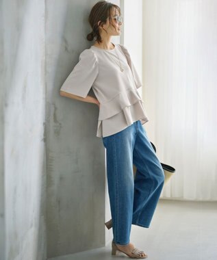 組曲 L 【ストレッチ】ミッドデニム ワイドストレートパンツ ユーズドブルー系