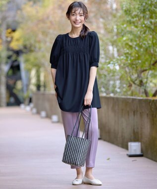 Tiaclasse L 【洗える】シャーリングチュニック ネイビー