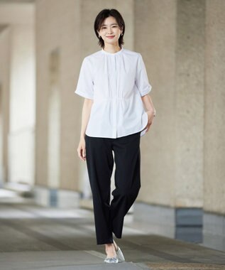 J.PRESS LADIES 【洗える】APESCO ストライプ バンドカラー ブラウス ライトグレー系1