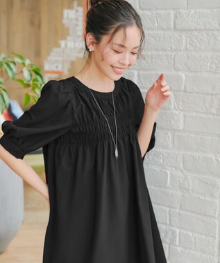 Tiaclasse L 【洗える】シャーリングチュニック ブラック