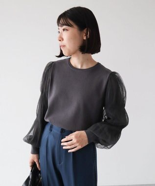 Green Parks 袖チュールマジョリカドッキングニットプルオーバー Gray