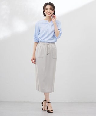 J.PRESS LADIES 【WEB限定・洗える】ストライプ キーネック ブラウス 【WEB限定】サックスストライプ系