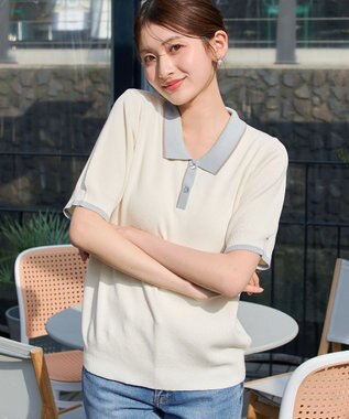 Tiaclasse L 配色ニットポロトップス アイボリー