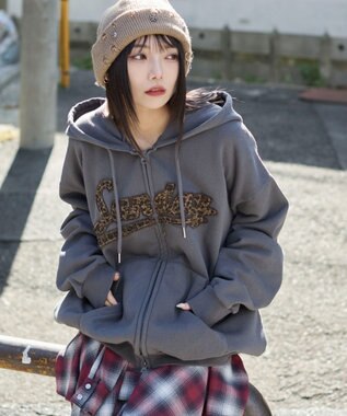 WEGO 【ユニセックス着用ITEM/SMLサイズ展開】レオパードワッペンダブルZIPパーカー スミクロ