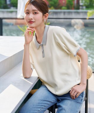 Tiaclasse L 配色ニットポロトップス アイボリー
