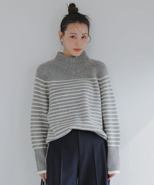 ANY SIS L ハイネックAir ニット ライトグレー×アイボリー