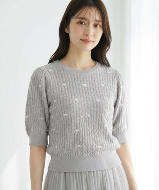 【洗える】ハーフスリーブ ハート刺繍 ニット