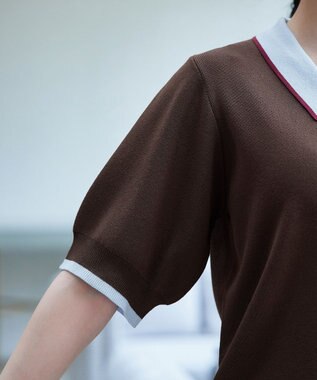 Tiaclasse L 配色ニットポロトップス ブラウン