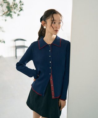 earth music&ecology バイカラートリムロングニットカーディガン Navy