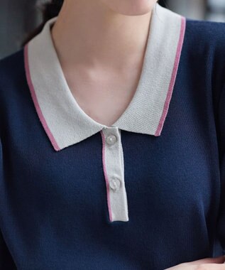 Tiaclasse L 配色ニットポロトップス ネイビー