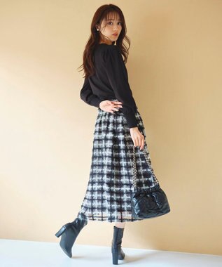 Feroux ラメチェック フレアスカート ブラック系