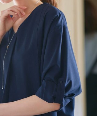 Tiaclasse L 【洗える】ストレッチタフタタックチュニックブラウス ネイビー