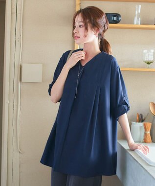 Tiaclasse L 【洗える】ストレッチタフタタックチュニックブラウス ネイビー