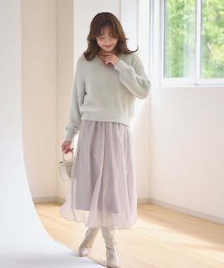 Feroux 【洗える】ニット×フレアスカート セットアップ ライトグレー系