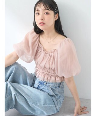 earth music&ecology パフスリーブシャーリングブラウス Pink Beige