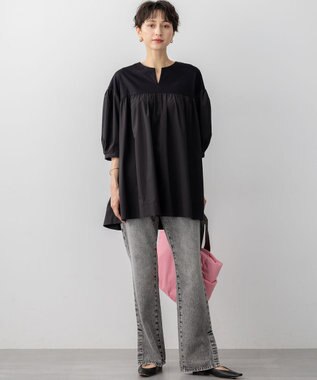 23区 【洗える】シルキータフタコンビ チュニック カットソー ブラック系