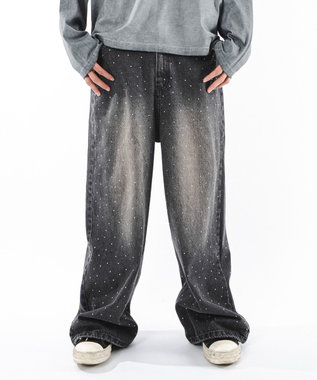 WEGO 【ユニセックス着用ITEM】スーパーバギーラインストーンデニムパンツ
