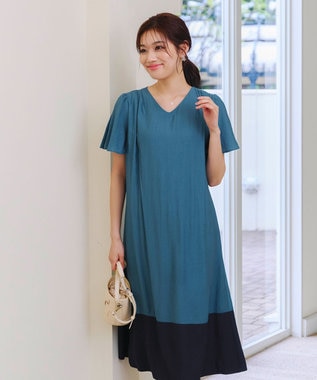 Tiaclasse 【洗える】 配色Aラインサックワンピース ターコイズ