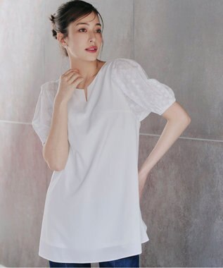 Tiaclasse 【2TYPE/総レース・袖レース】パンチングレースパフスリーブチュニックブラウス Bオフホワイト(袖のみレース）