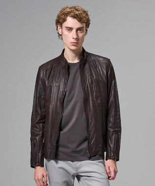 JOSEPH HOMME 【洗い加工】シュリンクエアレザー 　シングルライダースジャケット ダークブラウン系