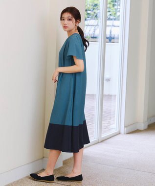 Tiaclasse 【洗える】 配色Aラインサックワンピース ターコイズ