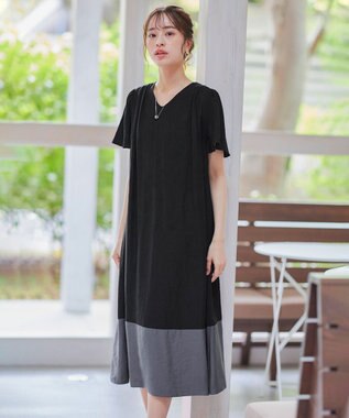 Tiaclasse 【洗える】 配色Aラインサックワンピース ブラック