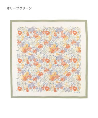 MOONBAT 【シルク100%】フルラ (FURLA) 花柄 シルクプリントスカーフ 65cm×65cm オリーブグリーン