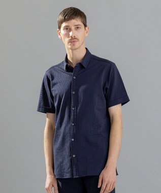 JOSEPH HOMME コンパクトサッカージャージー　レギュラーカラー半袖シャツ ネイビー系