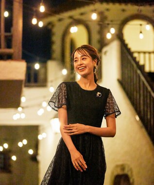 Tiaclasse L 【洗える】フレアスリーブ総レースワンピース ブラック