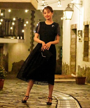 Tiaclasse L 【洗える】フレアスリーブ総レースワンピース ブラック