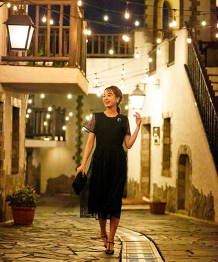 Tiaclasse L 【洗える】フレアスリーブ総レースワンピース ブラック