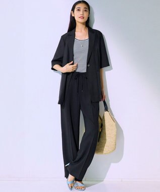 23区 【接触冷感/UVカット/吸水速乾】ストレッチジョーゼット ワイド パンツ ブラック系