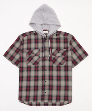 WEGO 【ユニセックス着用ITEM/MLサイズ展開】オンブレチェックフードシャツ（SS） レッドチェック1