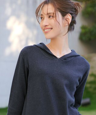 Tiaclasse メランジ配色フーディーニットチュニック ネイビー