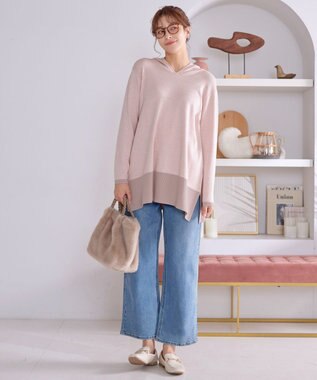 Tiaclasse メランジ配色フーディーニットチュニック ピンク