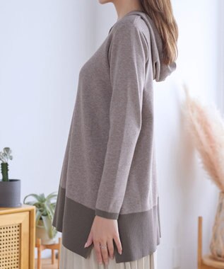 Tiaclasse L メランジ配色フーディーニットチュニック モカ