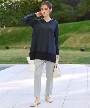 Tiaclasse L メランジ配色フーディーニットチュニック ネイビー