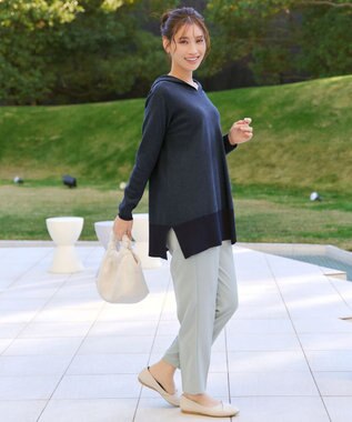 Tiaclasse メランジ配色フーディーニットチュニック ネイビー