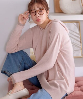 Tiaclasse メランジ配色フーディーニットチュニック ピンク