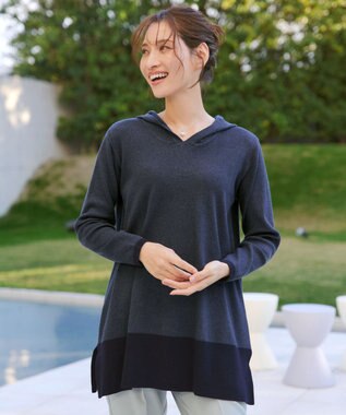 Tiaclasse メランジ配色フーディーニットチュニック ネイビー