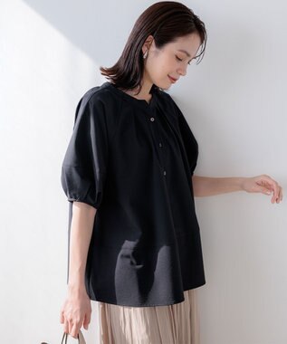 組曲 【先行予約・前後着用可】ソフトサッカーラグランスリーブ ブラウス ブラック系