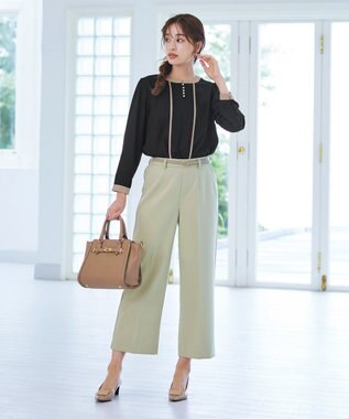 Tiaclasse L 【洗える】ピンタック配色ブラウス ブラック×ベージュ