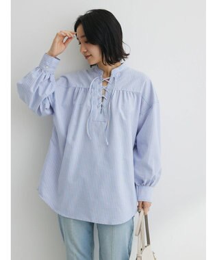 Green Parks ストライプレースアップシャツ Stripe