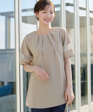Tiaclasse シフォンランタンスリーブチュニック グレージュ