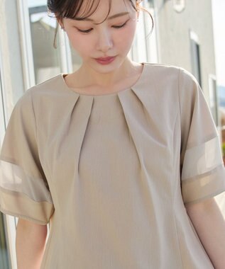 Tiaclasse シフォンランタンスリーブチュニック グレージュ