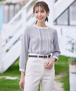 Tiaclasse L 【洗える】ピンタック配色ブラウス サックス×アイボリー